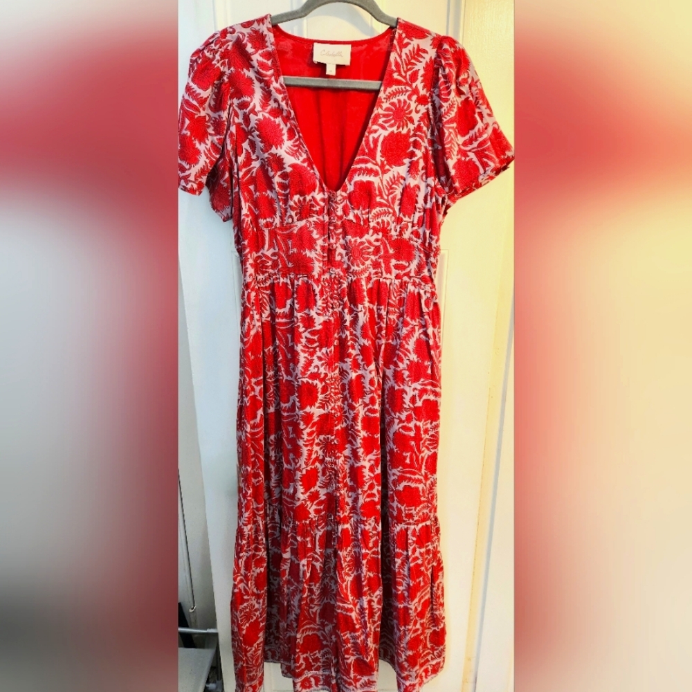 Unworn Cleobella Red Printed Cotton Maxi Dress size Medium